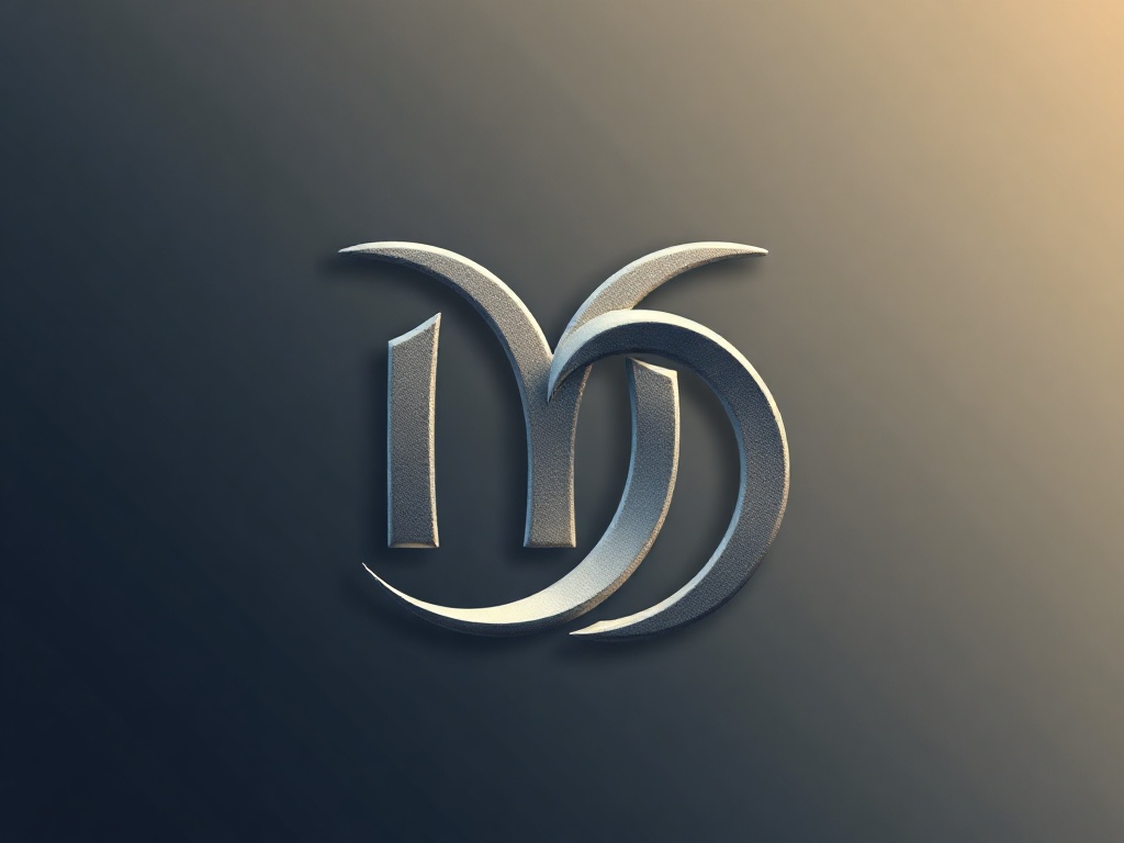 A stylized letter 'M' and 'D' intertwined in a smooth, flowing design, symbolizing meditation and design, with a subtle gradient, photorealistic metallic texture, 8k